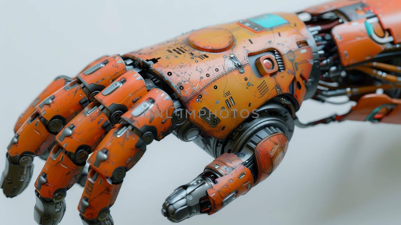 Cyborg hand on white background . A robotic arm. Biohacking.