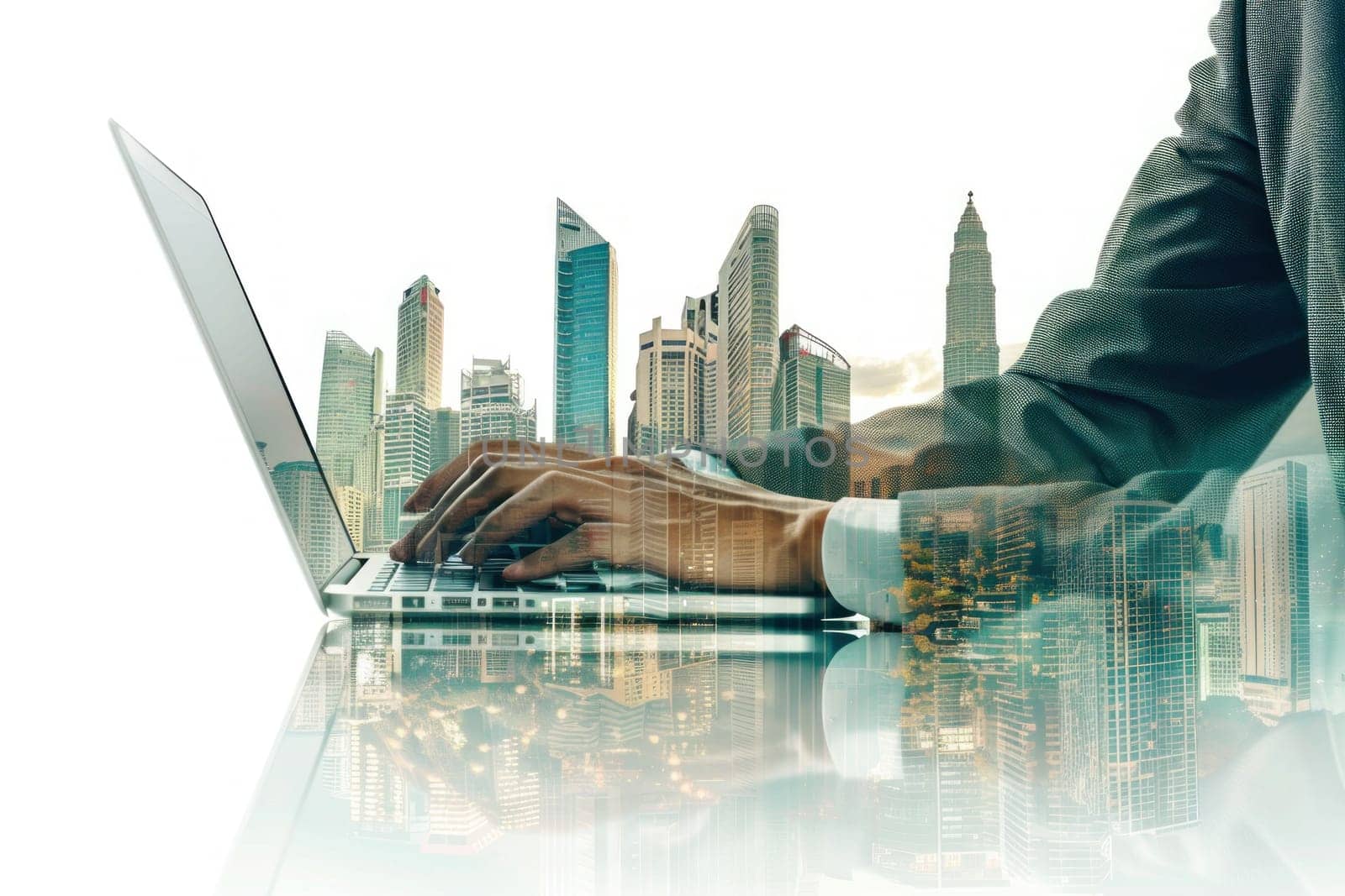 Businessman Using Laptop with Business City Double Exposure on White Background Concept Modern Urban Professionalism.