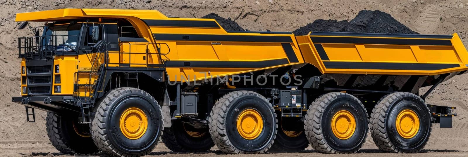 A massive, yellow dump truck navigates through a rugged, rocky quarry landscape, showcasing its power and capability to handle challenging terrain