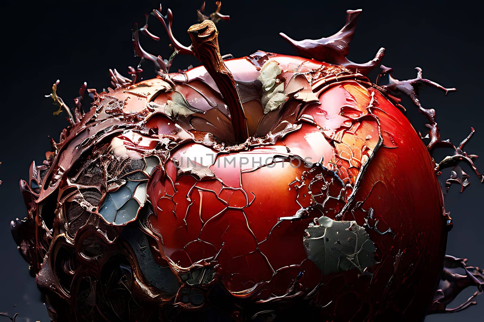 A red apple with numerous deep cracks running across its surface, indicating age or dehydration. The apple appears to be overripe and potentially spoiled due to the extensive cracking.