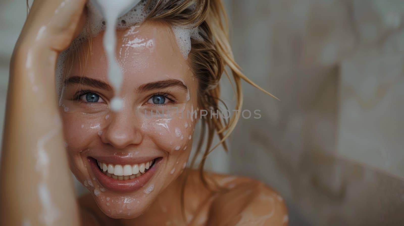 A cheerful young woman with blonde hair and blue eyes smiles brightly as she stands in the rain, her face and hair wet with droplets. by sfinks