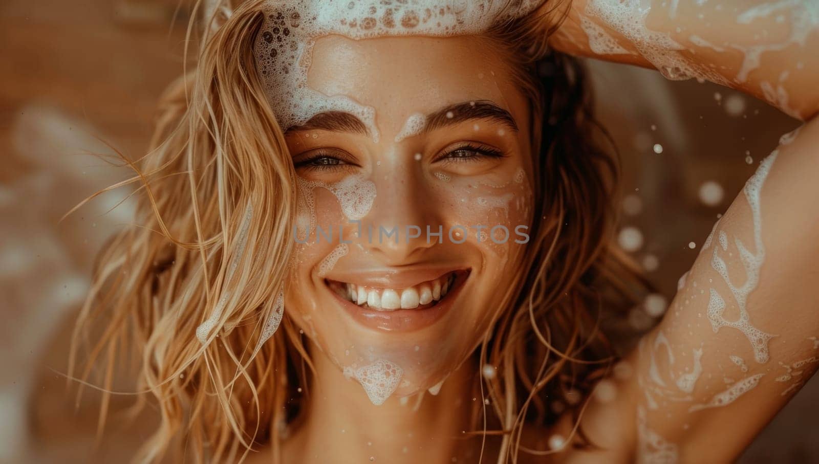 A delighted young woman with tousled hair and a contagious laugh, her face covered in soapy water droplets as she enjoys a refreshing shower