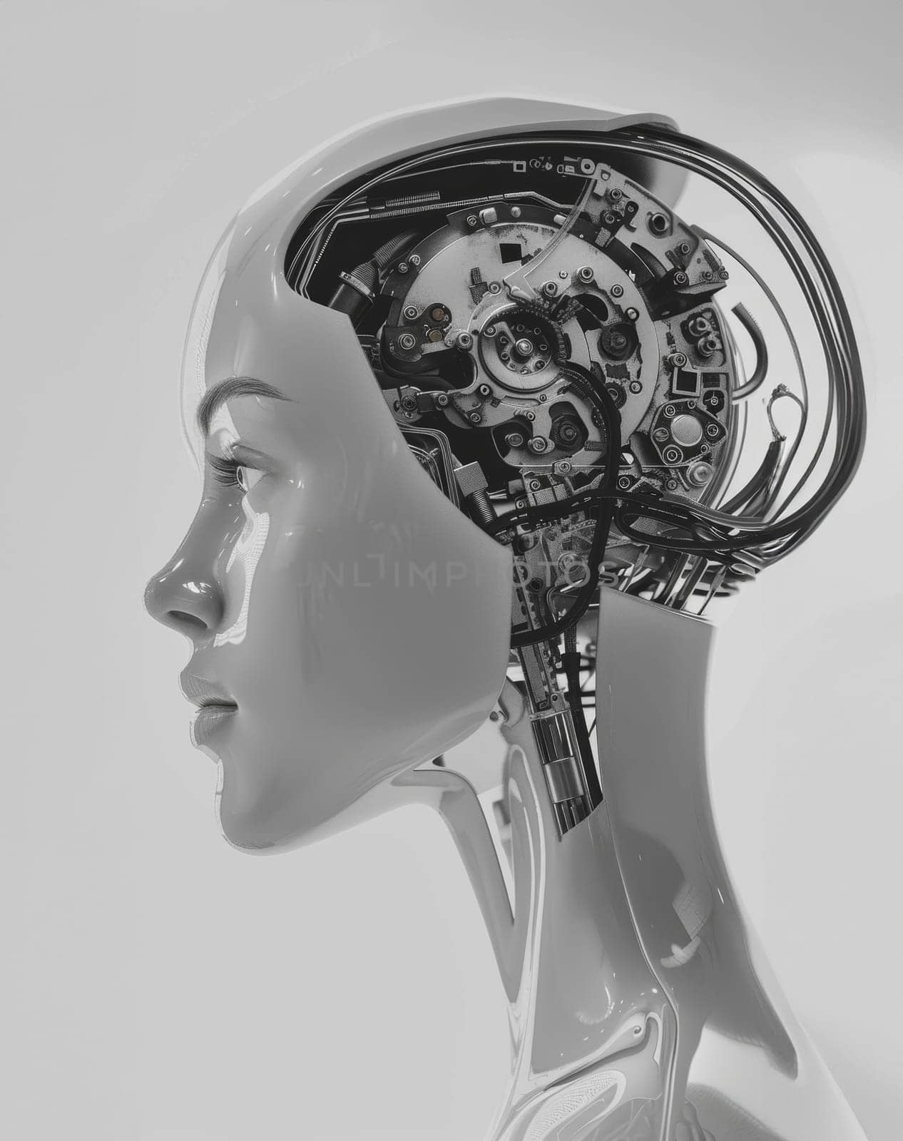 A close-up view of an intricately designed robotic head, revealing its complex mechanical components and sensors, conveying a sense of advanced technological innovation