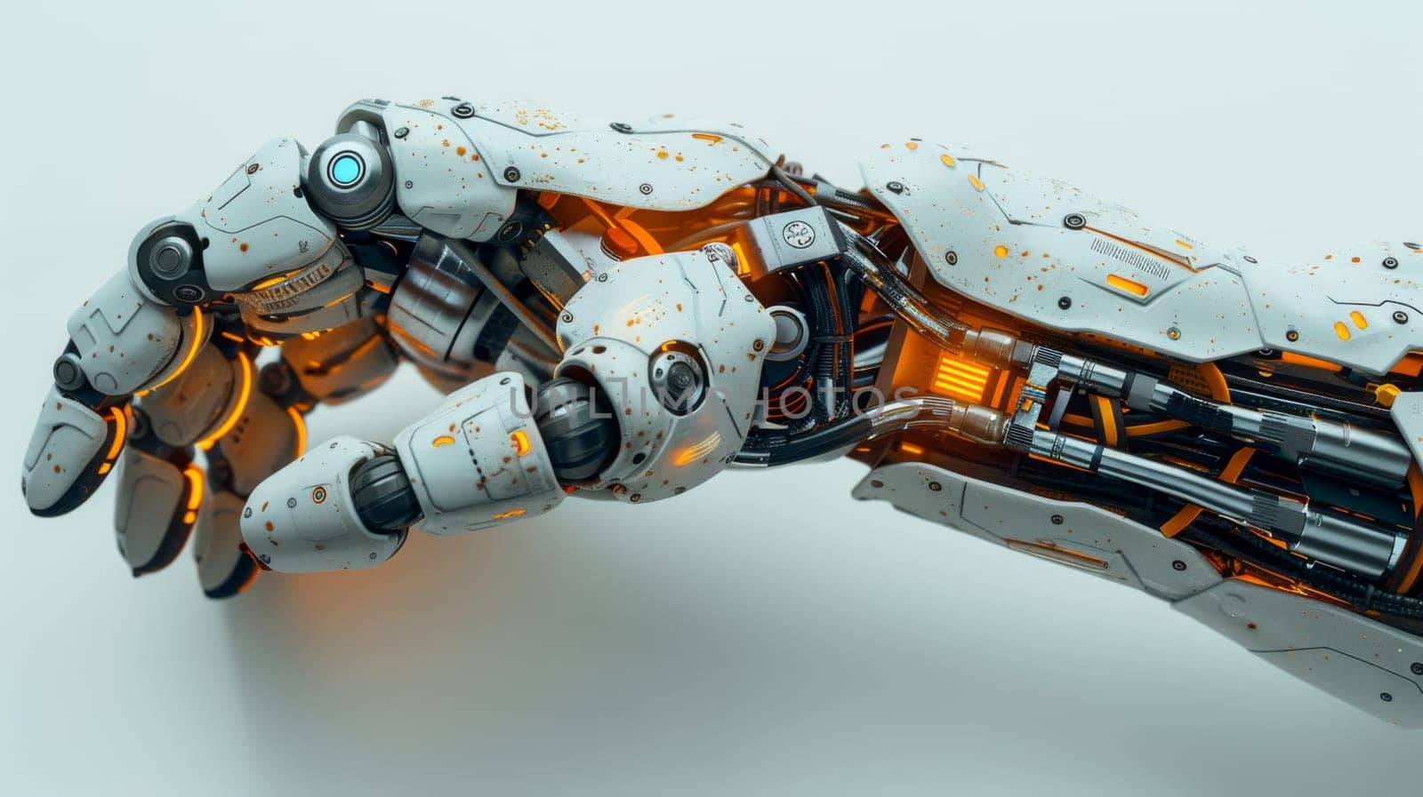 Cyborg hand on white background . A robotic arm. Biohacking.