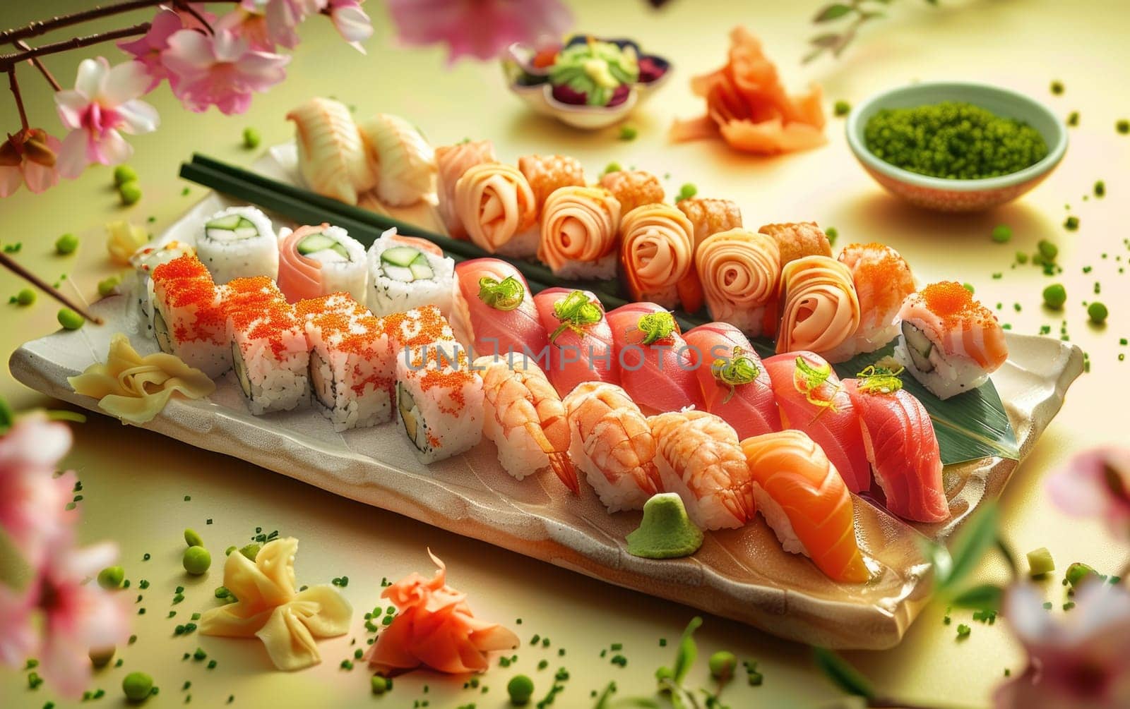 Visually Stunning Sushi Platter with Nigiri, Sashimi, and Rolls Intricate Garnishes Sleek Elegant Background Concept Culinary Artistry.