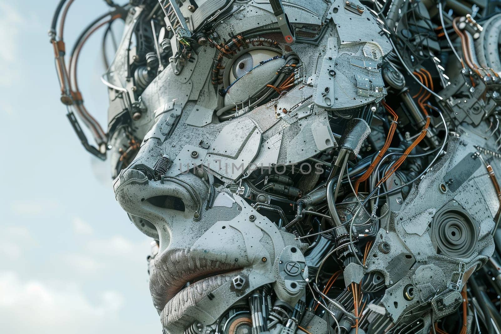 A highly detailed, close-up view of an intricate, futuristic robotic head with mechanism, showcasing its complex array of gears, sensors, and other advanced technological components