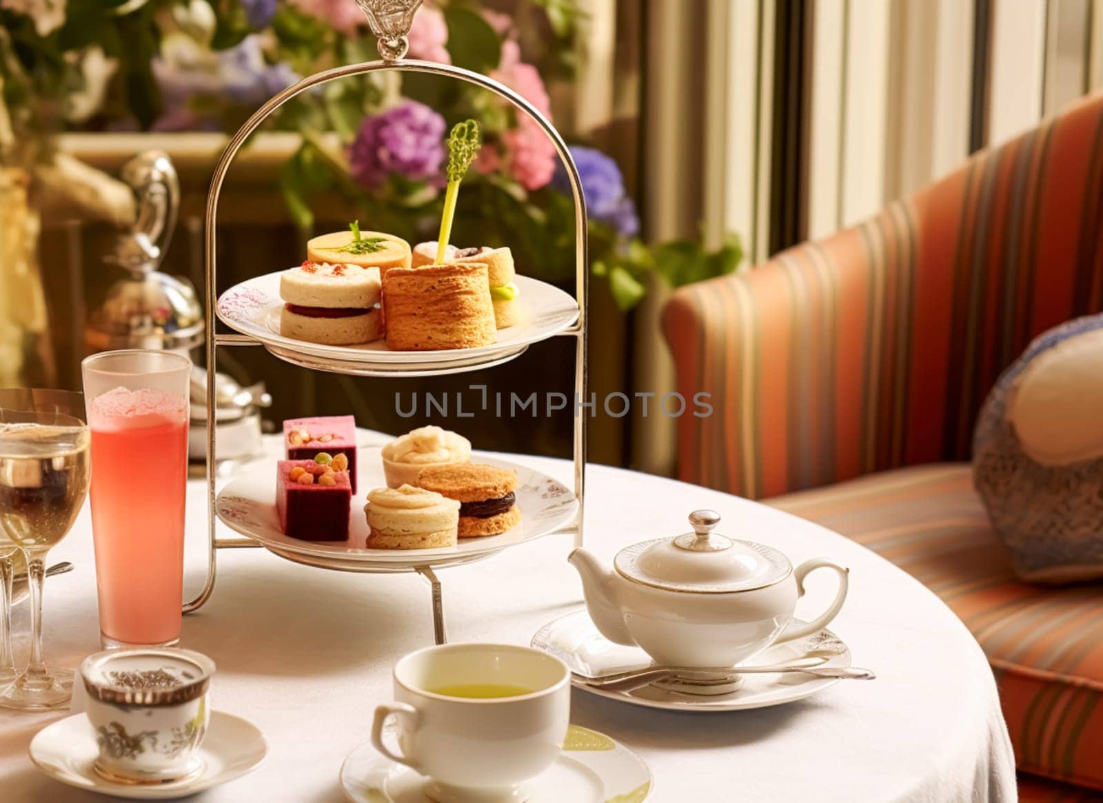 Afternoon tea in the restaurant garden, English tradition and luxury service, tea cups, cakes, scones, sanwiches and desserts, holiday table decor and afternoon tea stand, post-processed, generative ai