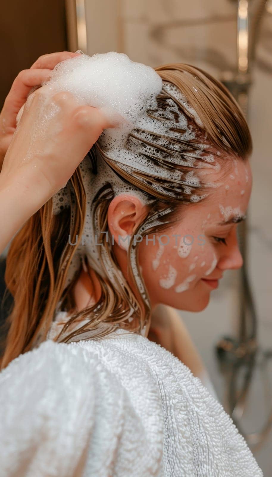 Masterful hands massage a girl head with soothing shampoo in a serene beauty salon. by sfinks