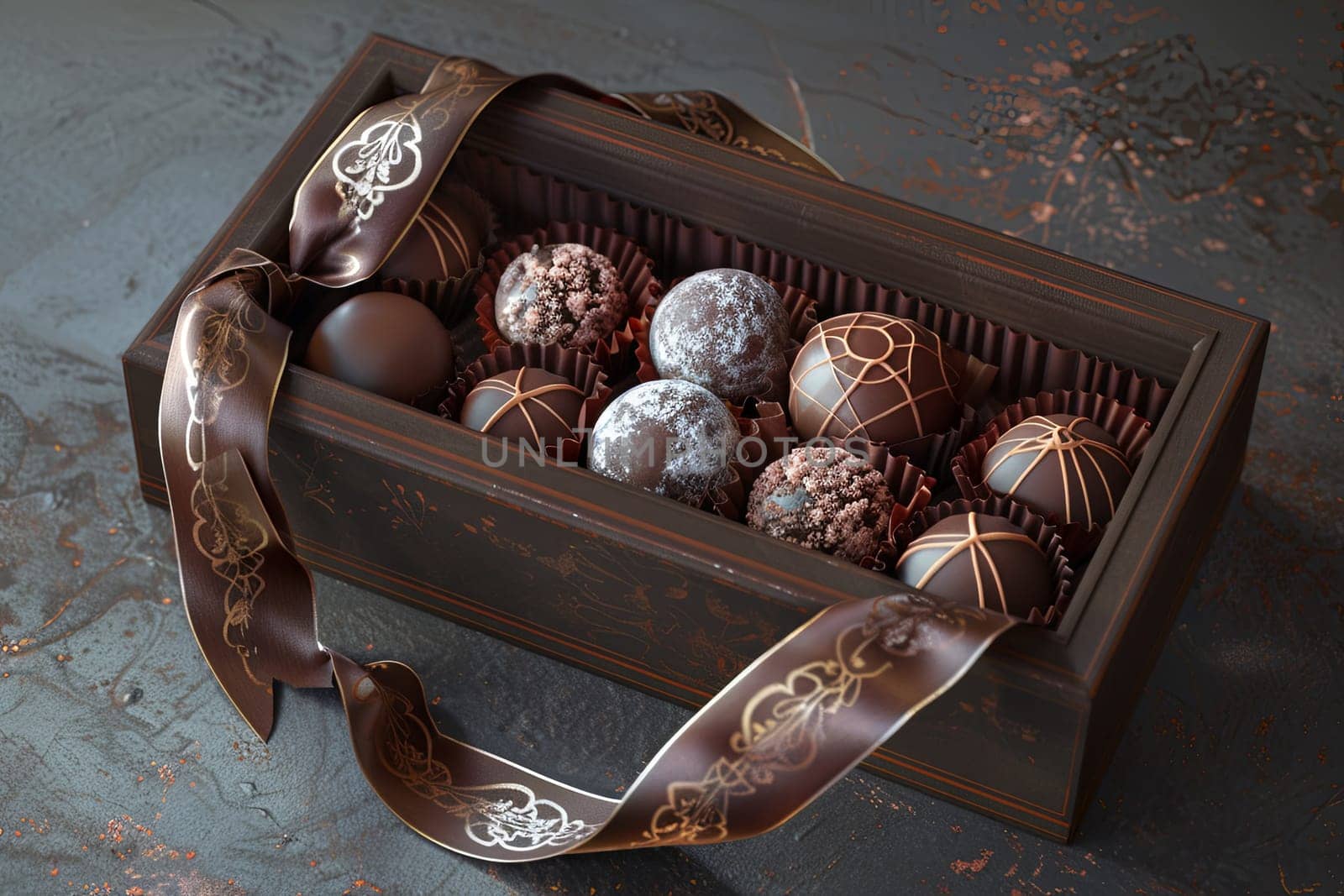 A luxurious wooden box filled with rich dark chocolates, adorned with ribbons, placed on a table.