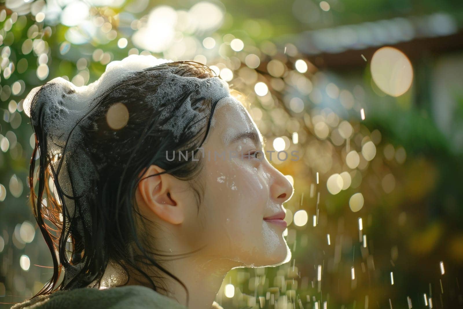 A joyful woman with glowing blonde hair and a brilliant smile, her face sparkling with raindrops against a soft, blurred background