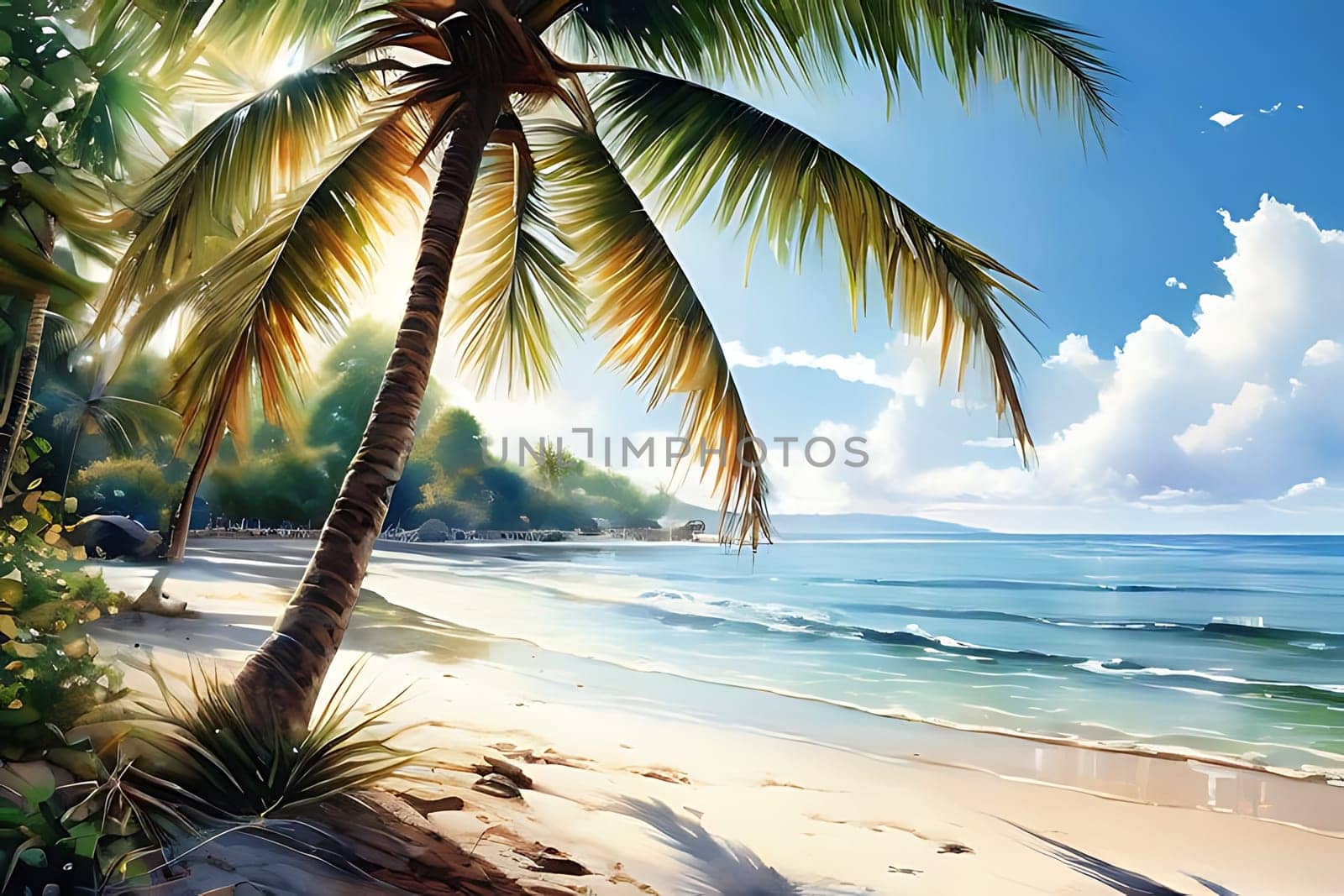 A realistic painting of a palm tree standing tall on a sandy beach, under a clear blue sky. The trees fronds gently sway in the breeze, casting a shadow on the golden sand.