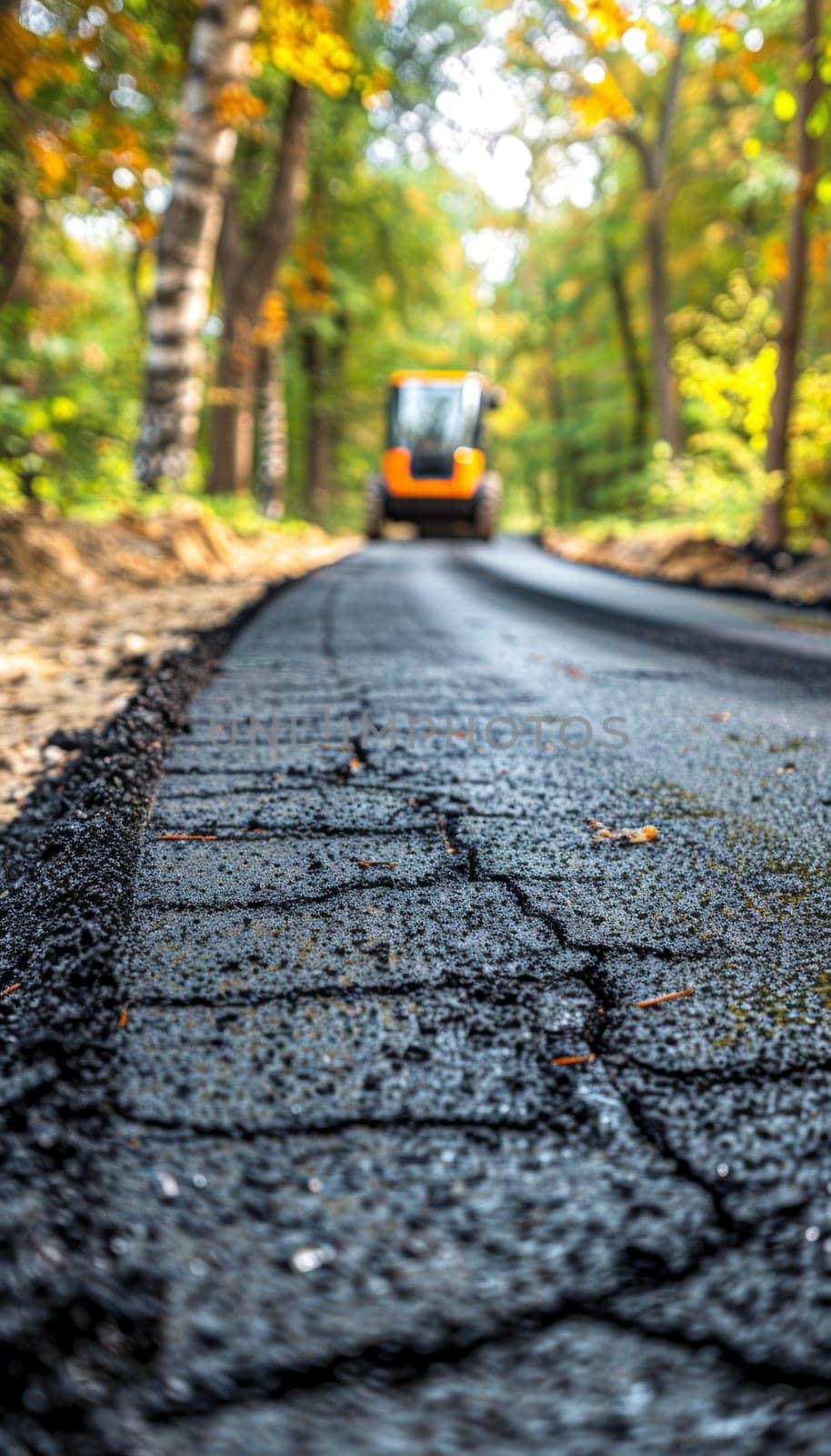 Freshly paved asphalt road with focus on the surface texture, leading to a blurred yellow construction vehicle in a forest with autumn foliage. by sfinks