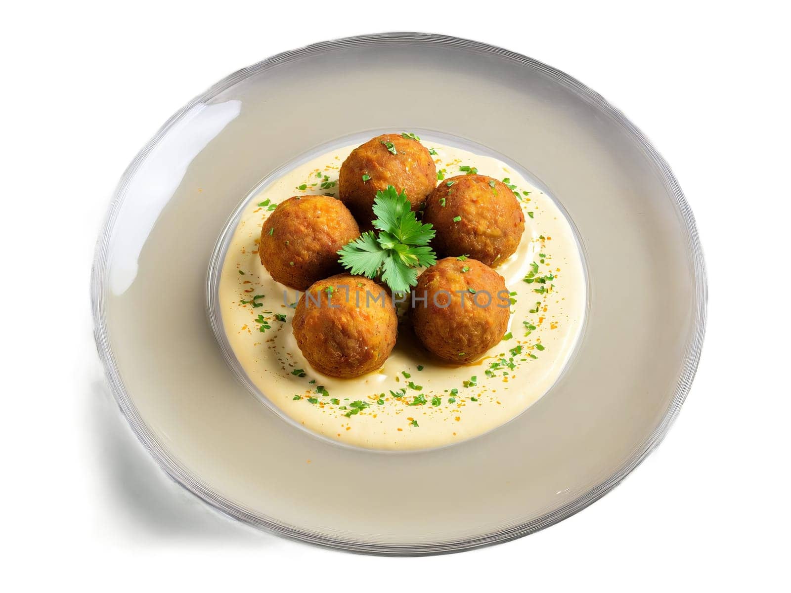 Malai Kofta paneer balls in a creamy sauce served on a transparent glass plate rich. Food isolated on transparent background.