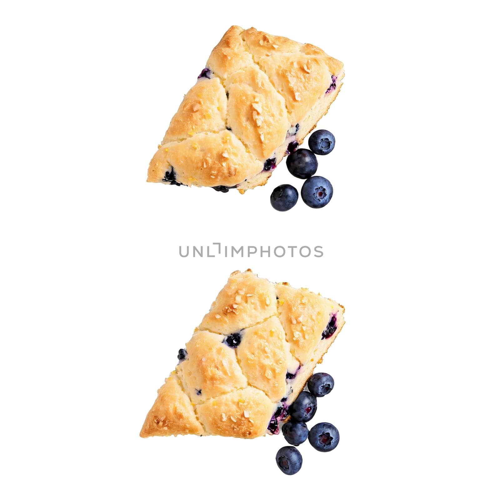 Lemon blueberry scone with golden brown exterior visible blueberry pieces lemon zest drizzled with glaze. close-up cake, isolated on transparent background