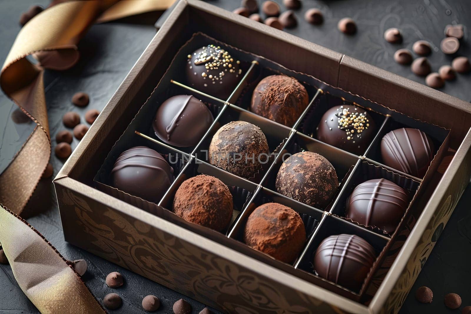 A luxurious box of dark chocolate truffles adorned with ribbons, elegantly placed on a table.