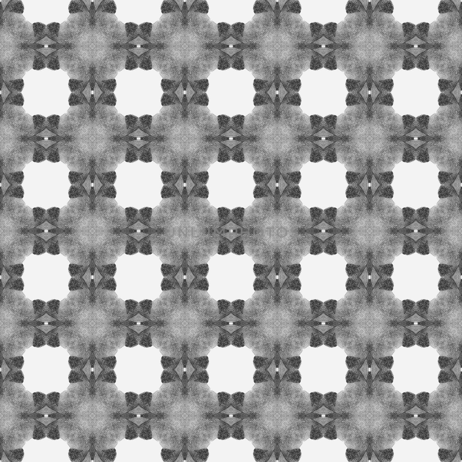 Tiled watercolor background. Black and white pleasing boho chic summer design. Textile ready bizarre print, swimwear fabric, wallpaper, wrapping. Hand painted tiled watercolor border.