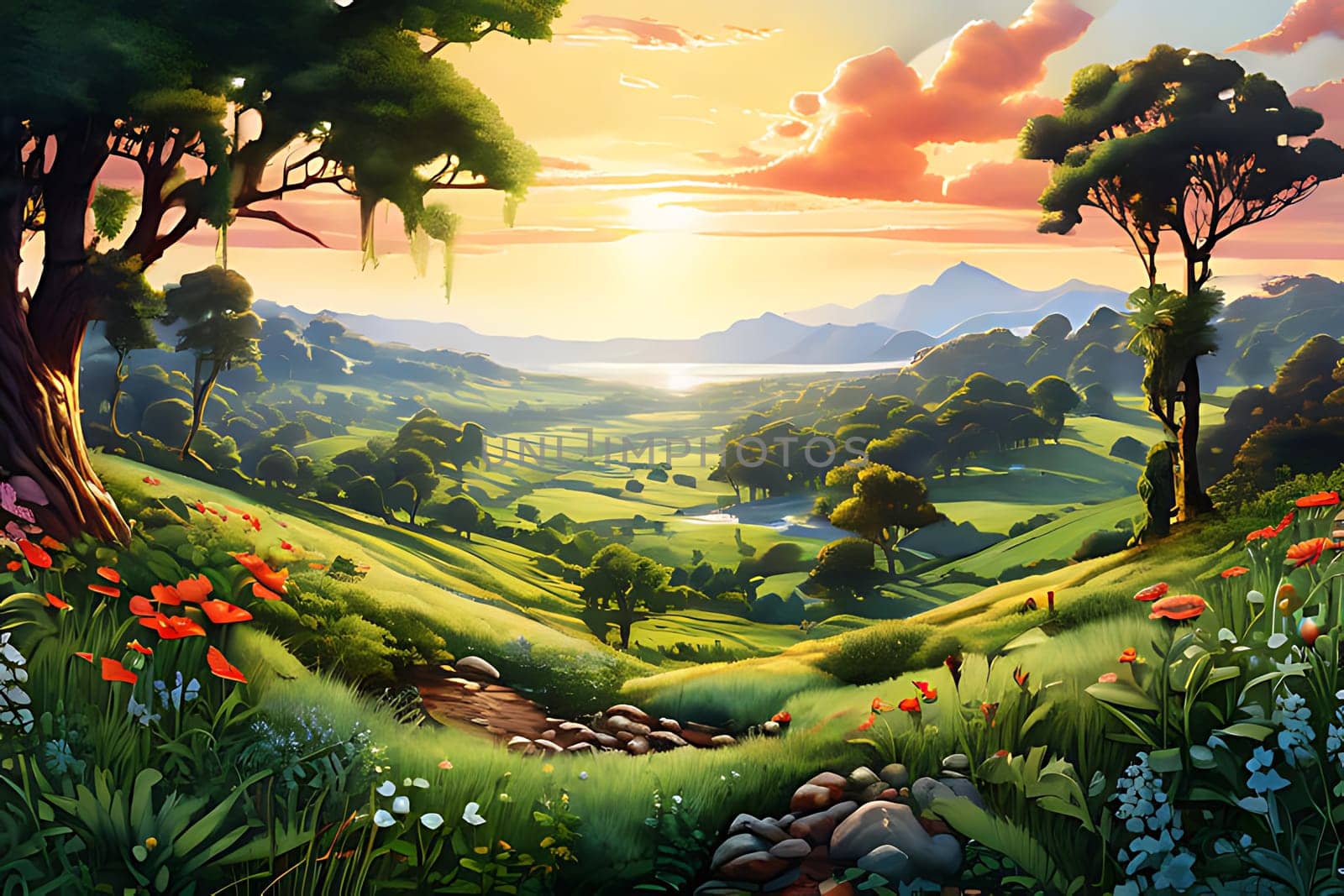 The painting depicts a vibrant and thriving landscape filled with lush green foliage, towering trees, and colorful flowers. The scene captures the beauty of nature in full bloom, with various plant life adding to the overall richness of the setting.