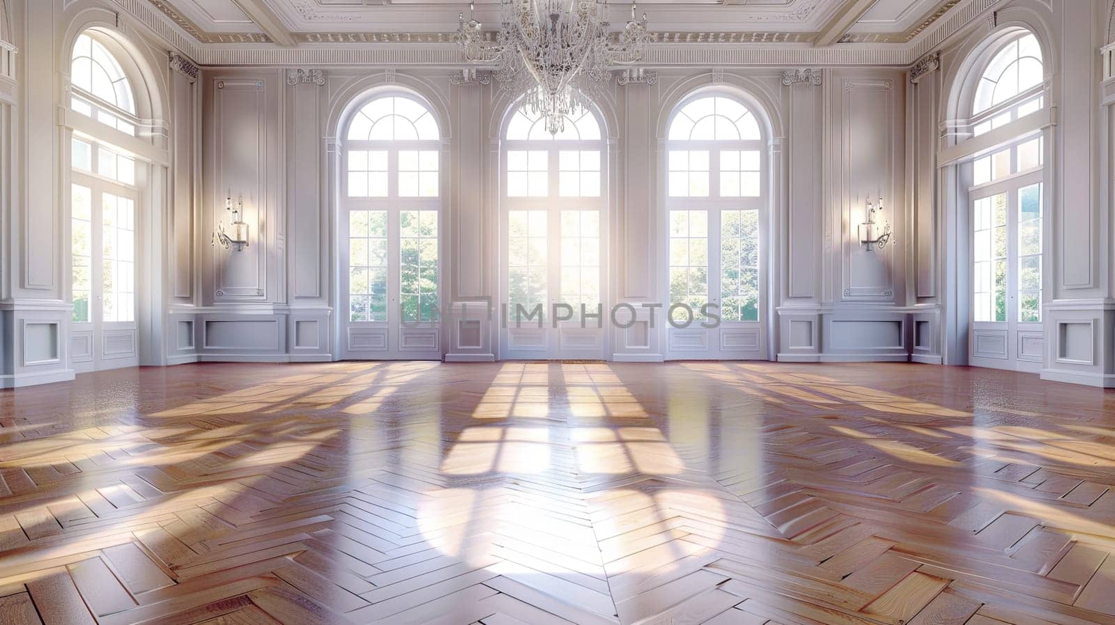 A vintage-style banquet hall with a chandelier and large windows, set in a big empty room with a parquet floor.