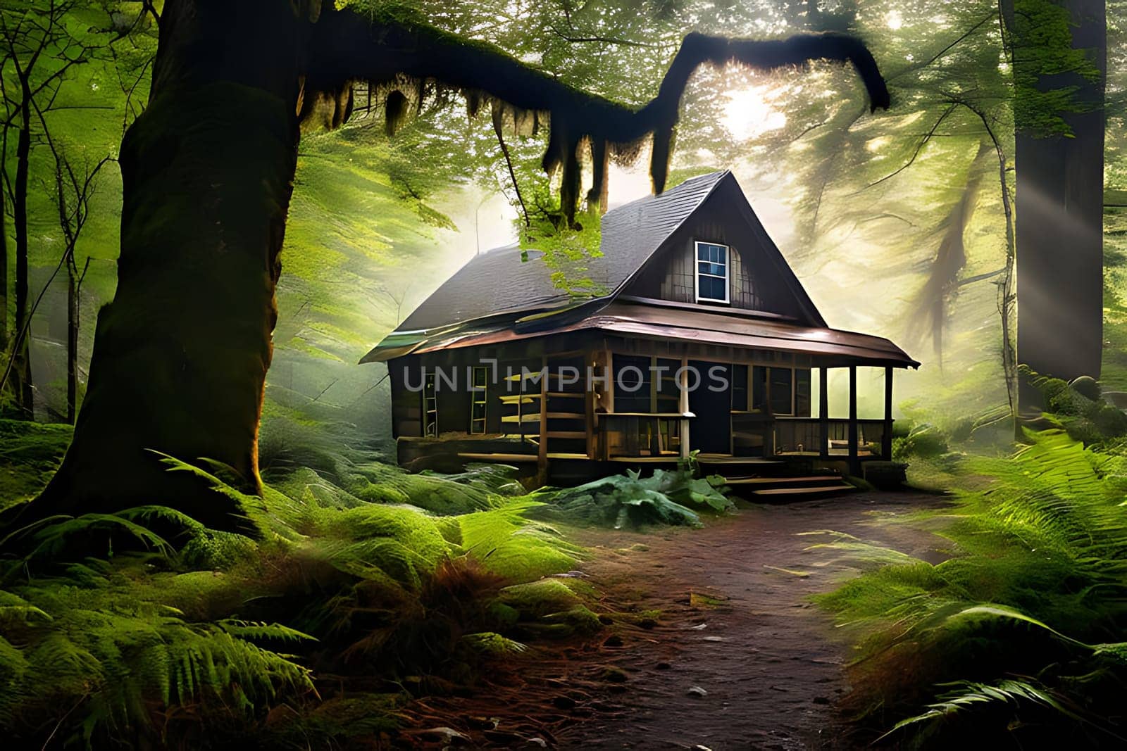 A cabin sits nestled in the midst of a dense forest, surrounded by towering trees and lush vegetation. The cabin appears cozy and secluded, blending in harmoniously with its natural surroundings.