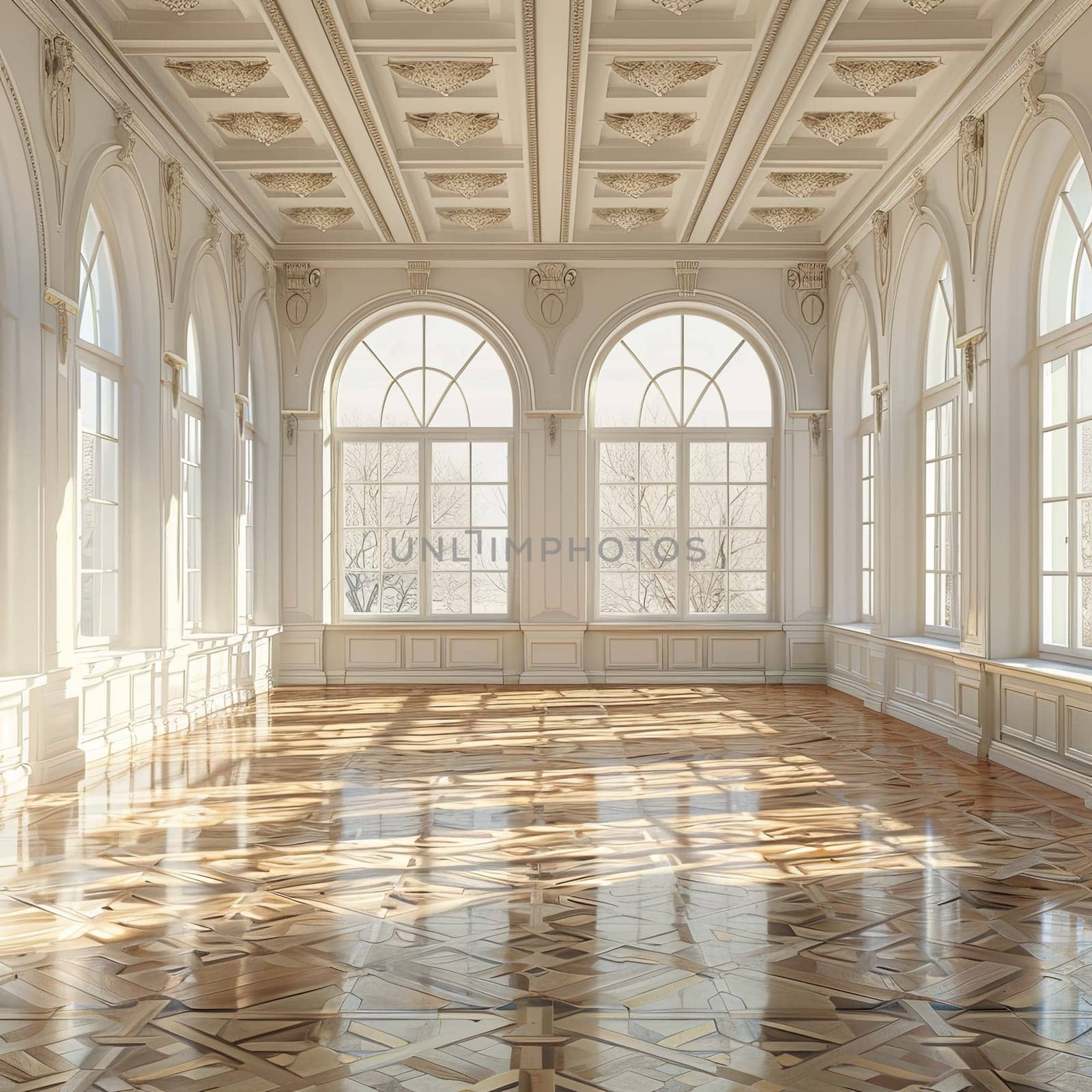 Vintage-style empty banquet hall with marble floor and large windows letting in natural light.