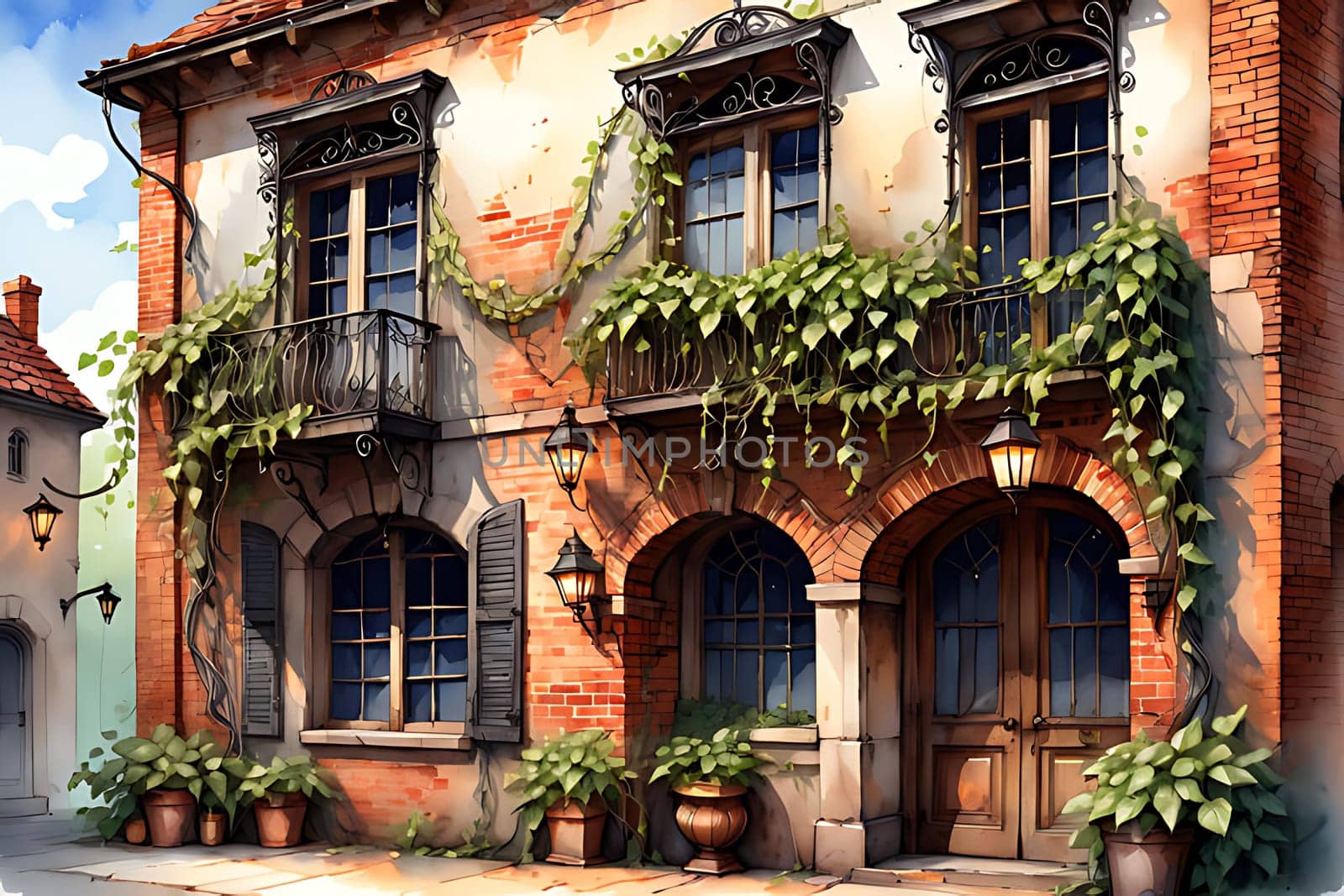A detailed painting showcasing an old building completely covered in vibrant green ivy, intertwining with the bricks and windows. The ivy creates a stunning contrast against the aged architecture, adding a unique and organic element to the scene.