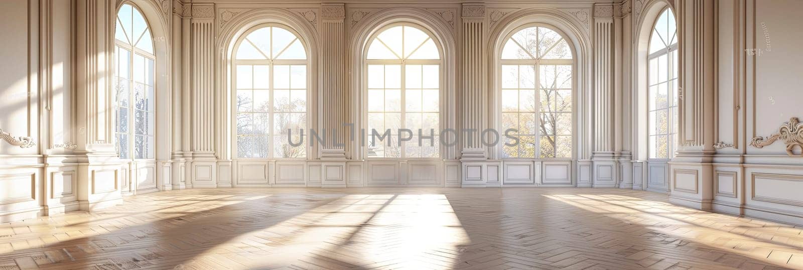 Vintage-style empty banquet hall with a parquet floor and numerous large windows.