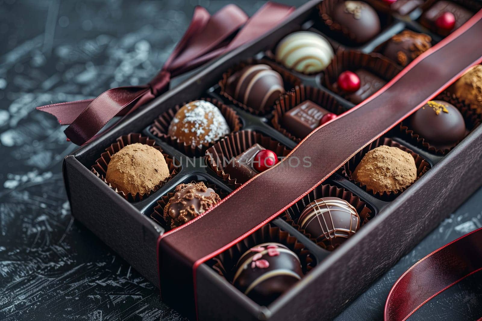 An elegant box of assorted chocolate truffles with decorative ribbons, placed on a table.