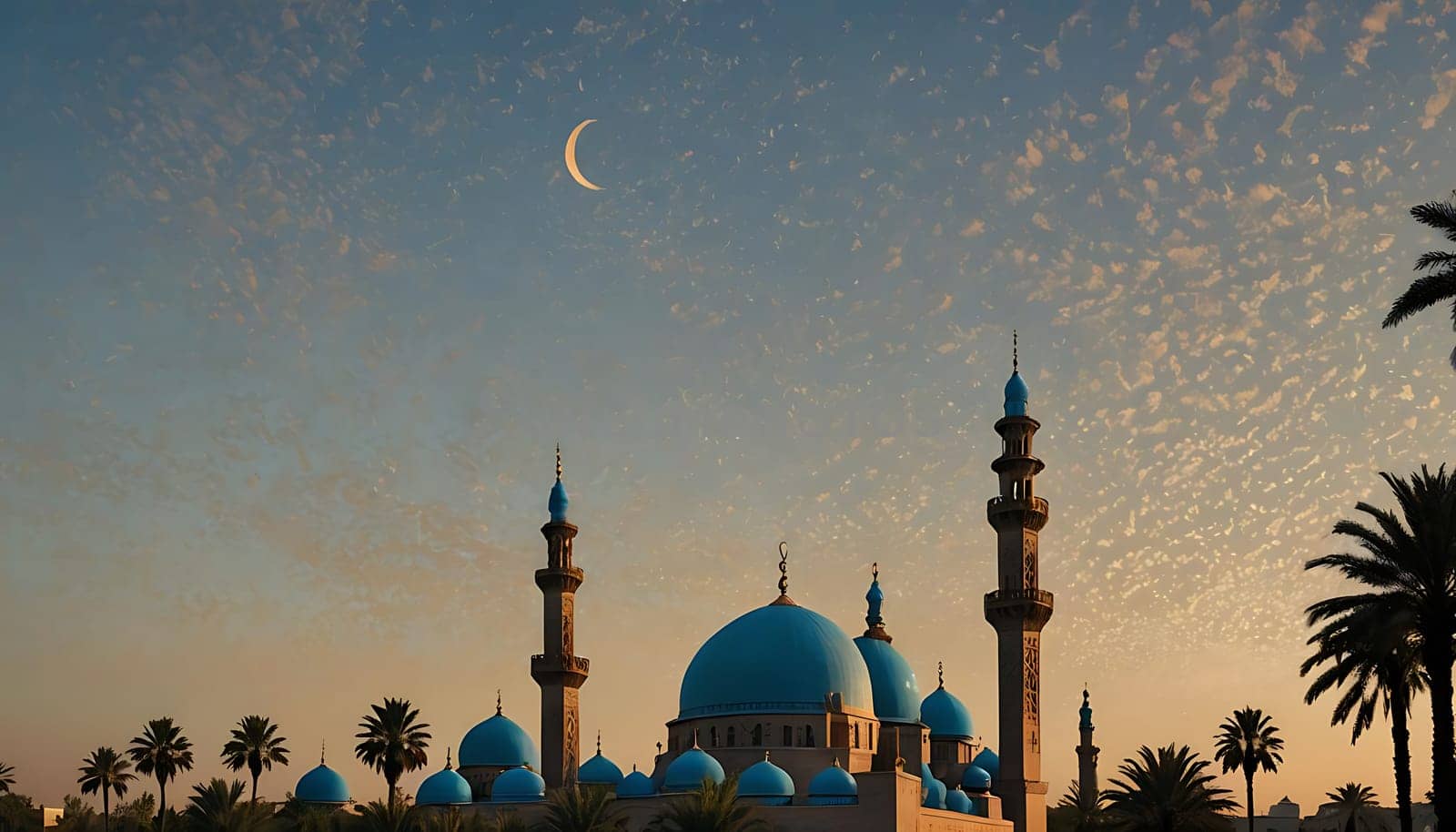 A large blue building stands tall against the backdrop of a crescent in the sky. The architecture of the building is striking, capturing attention alongside the celestial element above.