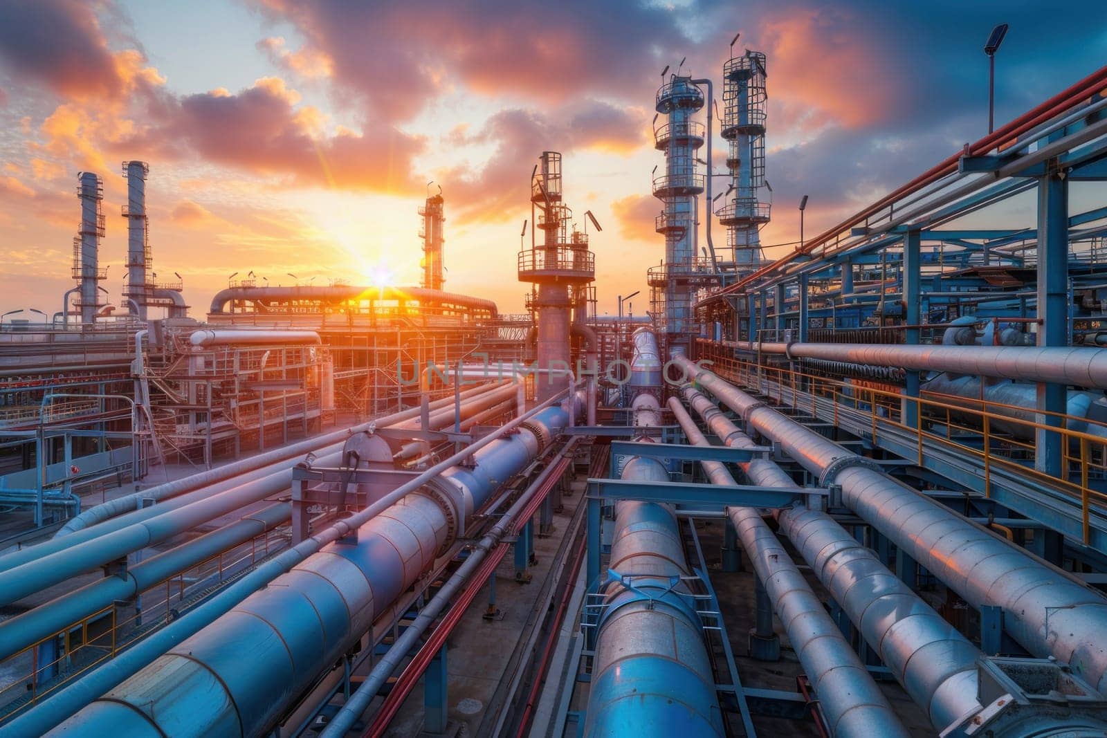 Large Industrial Gas Pipelines at Sunrise in Modern Refinery Concept Energy and Industrial Infrastructure.