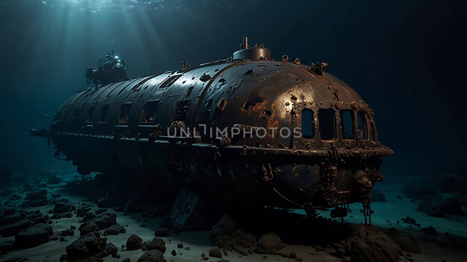 A submarine is seen underwater in a deep blue sea. The submarines metal structure contrasts against the dark blue water as it navigates through the depths of the ocean. The scene conveys the vastness and mystery of the underwater world.
