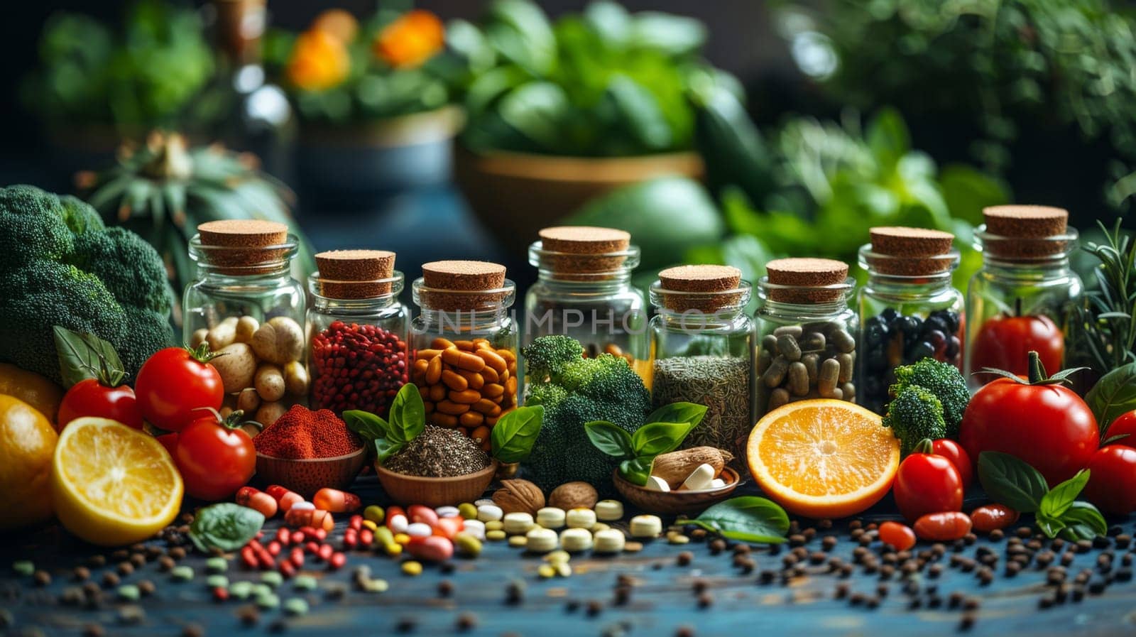 Vitamin capsules in a jar on the table. Vitamin tablets .