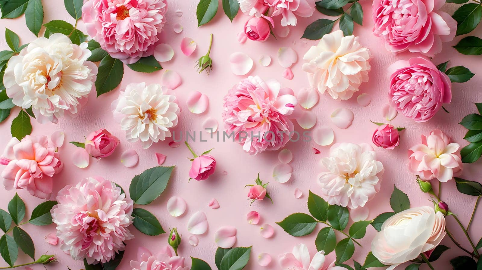 A variety of pink and white flowers with leaves scattered on a pink background, showcasing the beauty of flowering plants in the rose family