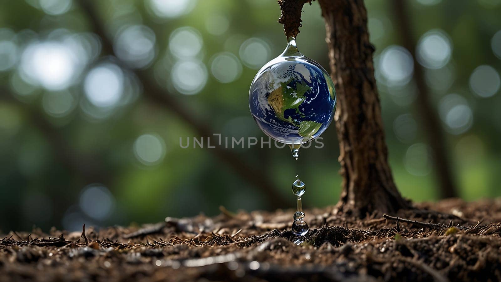 A single drop of water clings to the edge of a tree branch, suspended in gravity. The transparent sphere reflects the surroundings as it waits to fall.
