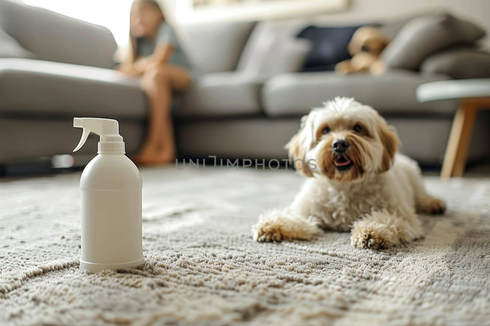 Cleaner spray bottle with a happy kid and dog. healthy hygiene concept. ai generative.