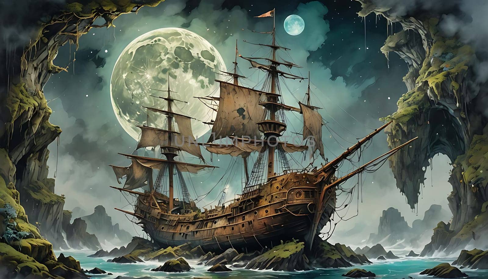A detailed painting of a large pirate ship sailing on rough ocean waters, with dark storm clouds looming overhead. The ships black sails are billowing in the wind as it navigates through choppy waves.