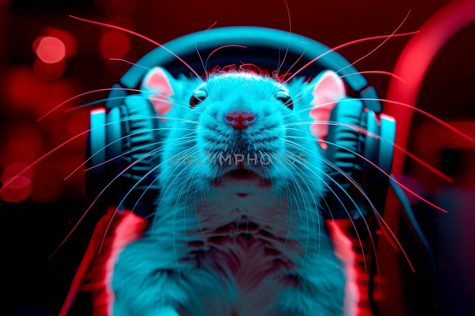 closeup a rat wearing HD headphones, ai generative.