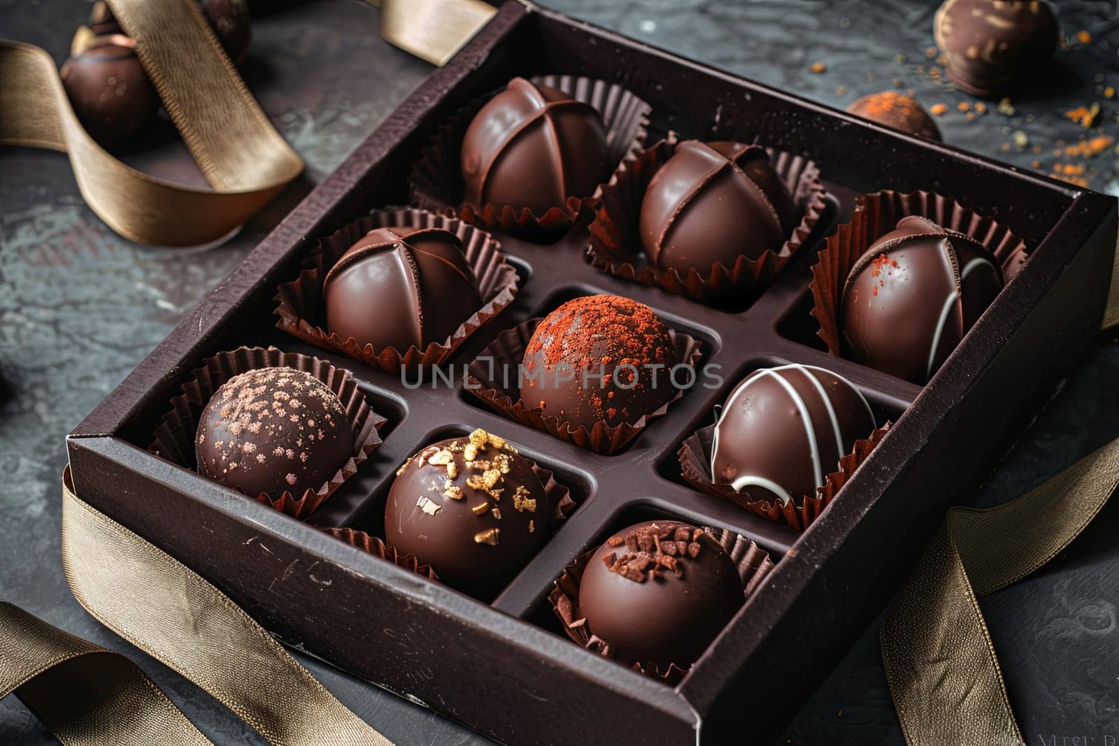 A detailed box of chocolate truffles with elegant ribbons sits on a table.