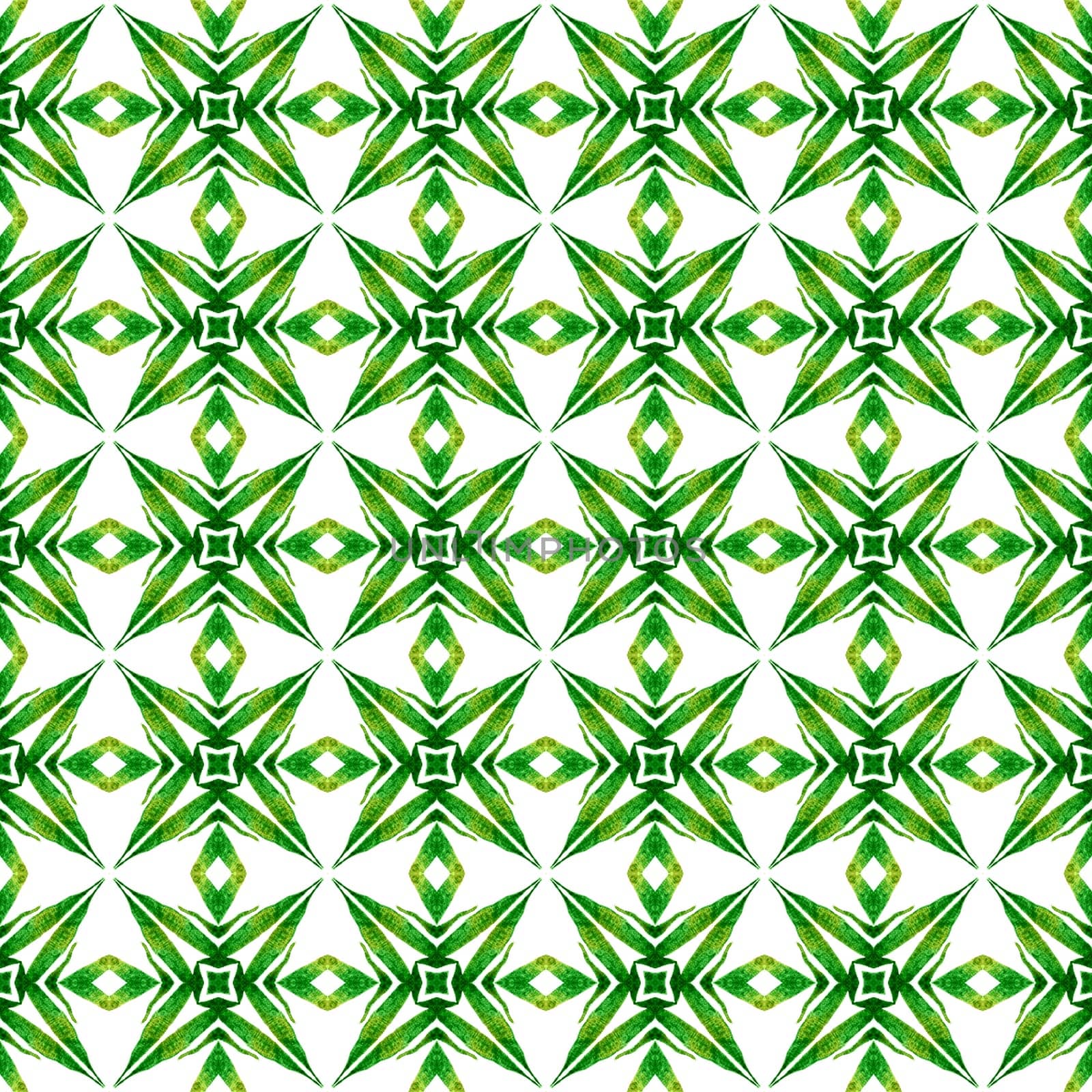 Hand painted tiled watercolor border. Green original boho chic summer design. Tiled watercolor background. Textile ready exquisite print, swimwear fabric, wallpaper, wrapping.