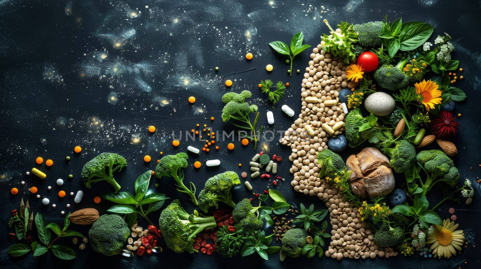 Various vegetables, seeds and fruits, vitamins in the background . Healthy Diet. Biohacking.