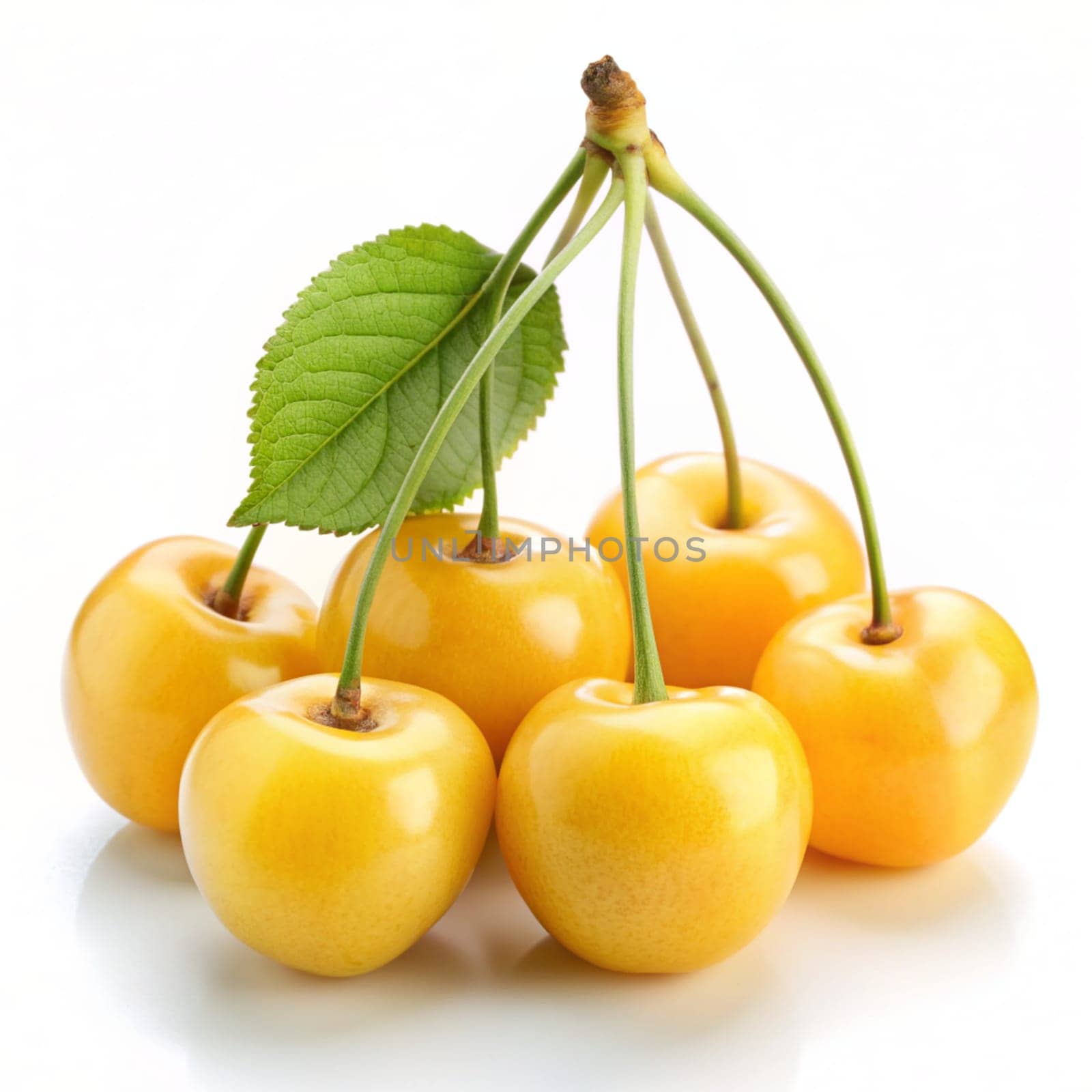 Bunch of yellow sweet cherries with green leaf on white background. Ai generated by alenamoore