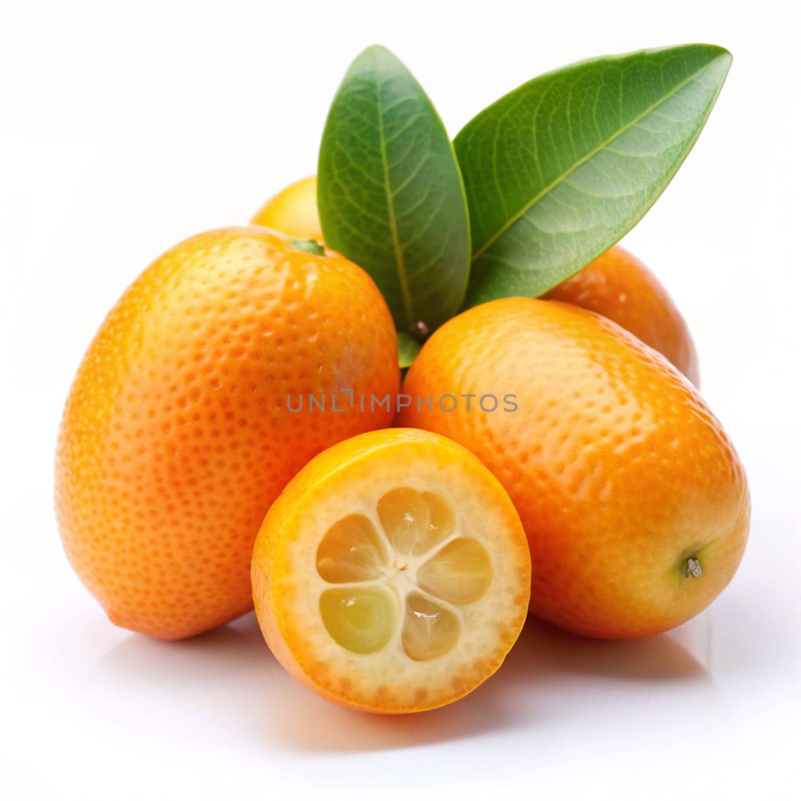 Cumquat or kumquat with half and green leaves isolated on white background. Ai generated image