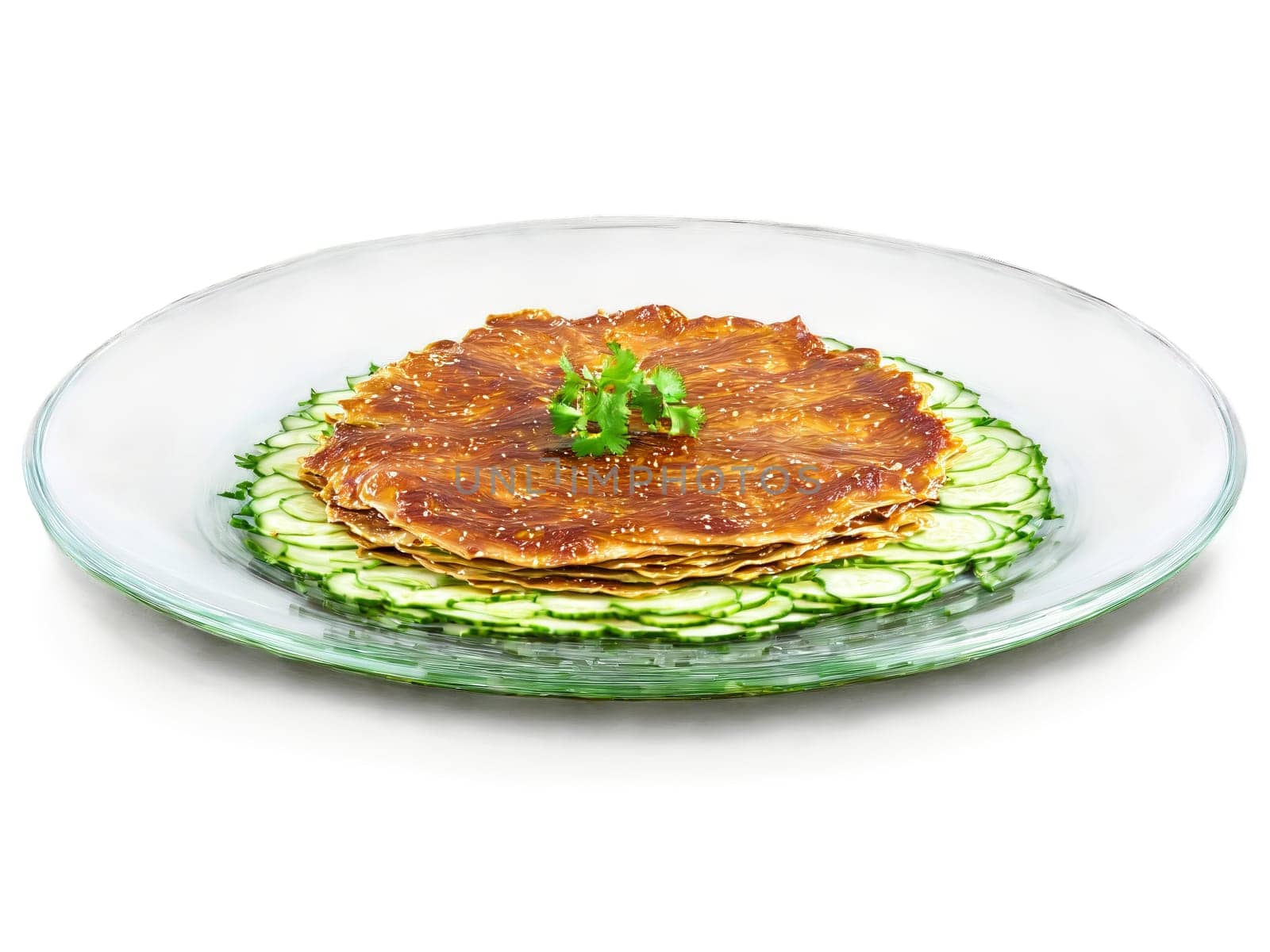 Peking Duck Pancakes with hoisin sauce cucumbers and scallions served on a transparent glass plate. Food isolated on transparent background.