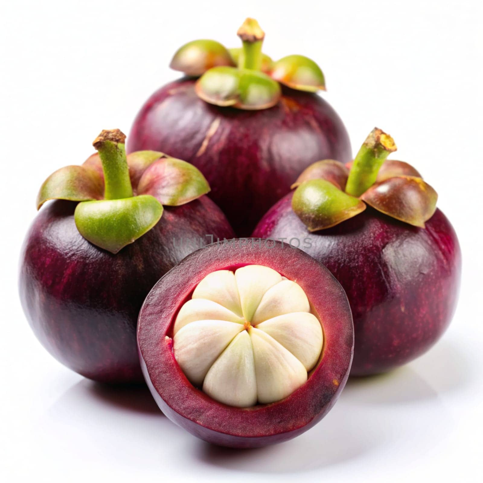 Mangosteen with cut in half isolated on white background. Ai generated by alenamoore