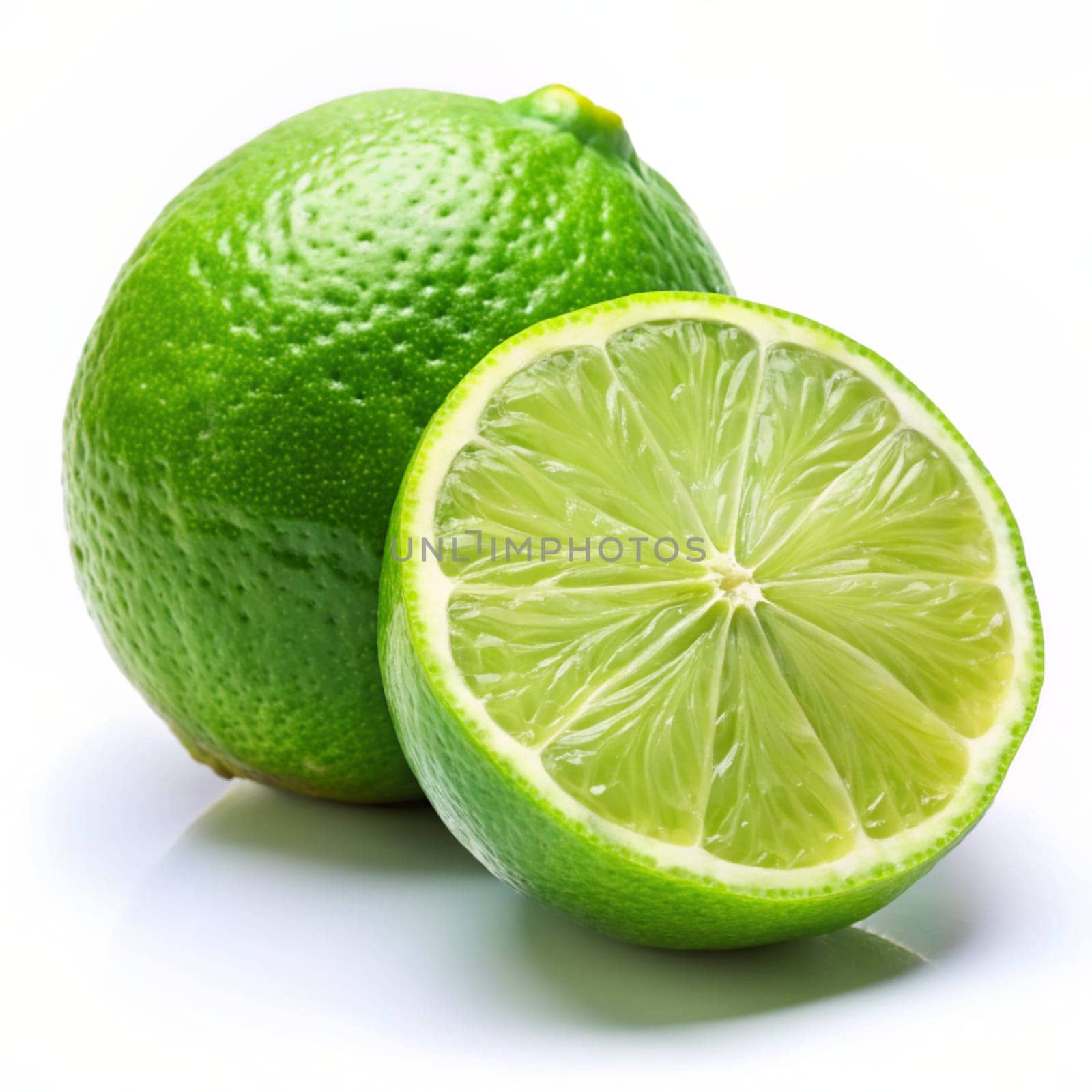 Green lime with cut in half and slices isolated on white background. Ai generated by alenamoore