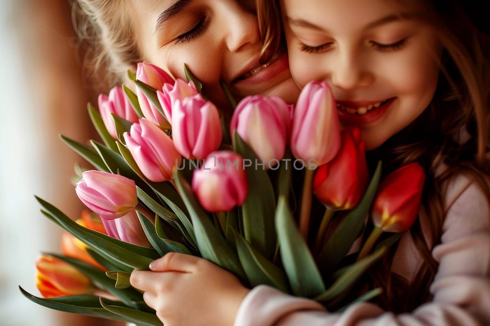 Child daughter hugging mother to gives bouquet of flowers to mother on Mother's Day. Generative AI.