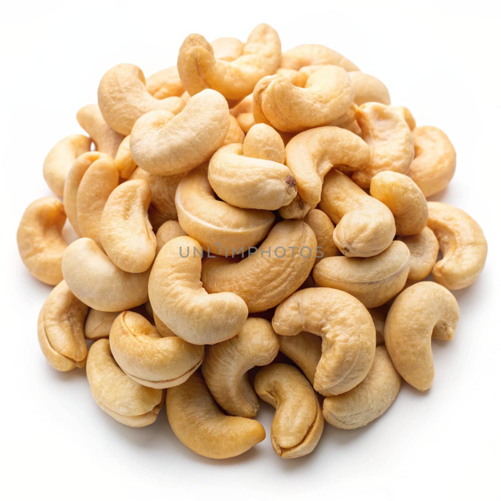 Pile of cashew nuts isolated on white background. Ai generated by alenamoore