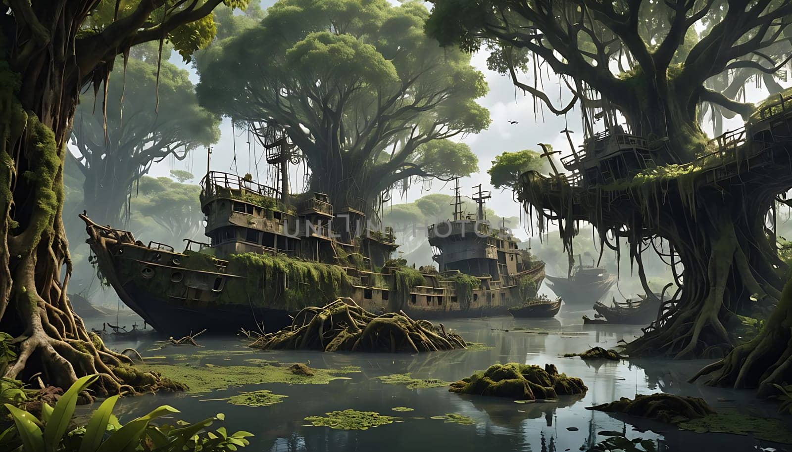 An old ship is depicted in a swampy environment in the painting. The ship appears weathered and worn, surrounded by murky waters and overgrown foliage. The scene conveys a sense of abandonment and decay.