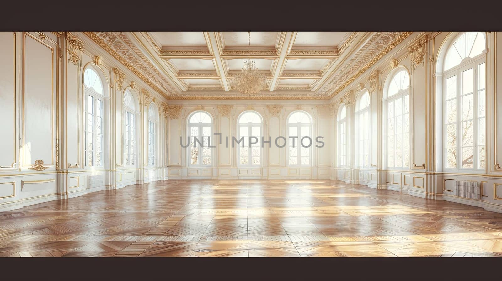 An empty banquet hall with parquet flooring and numerous large windows, creating a bright and open space.