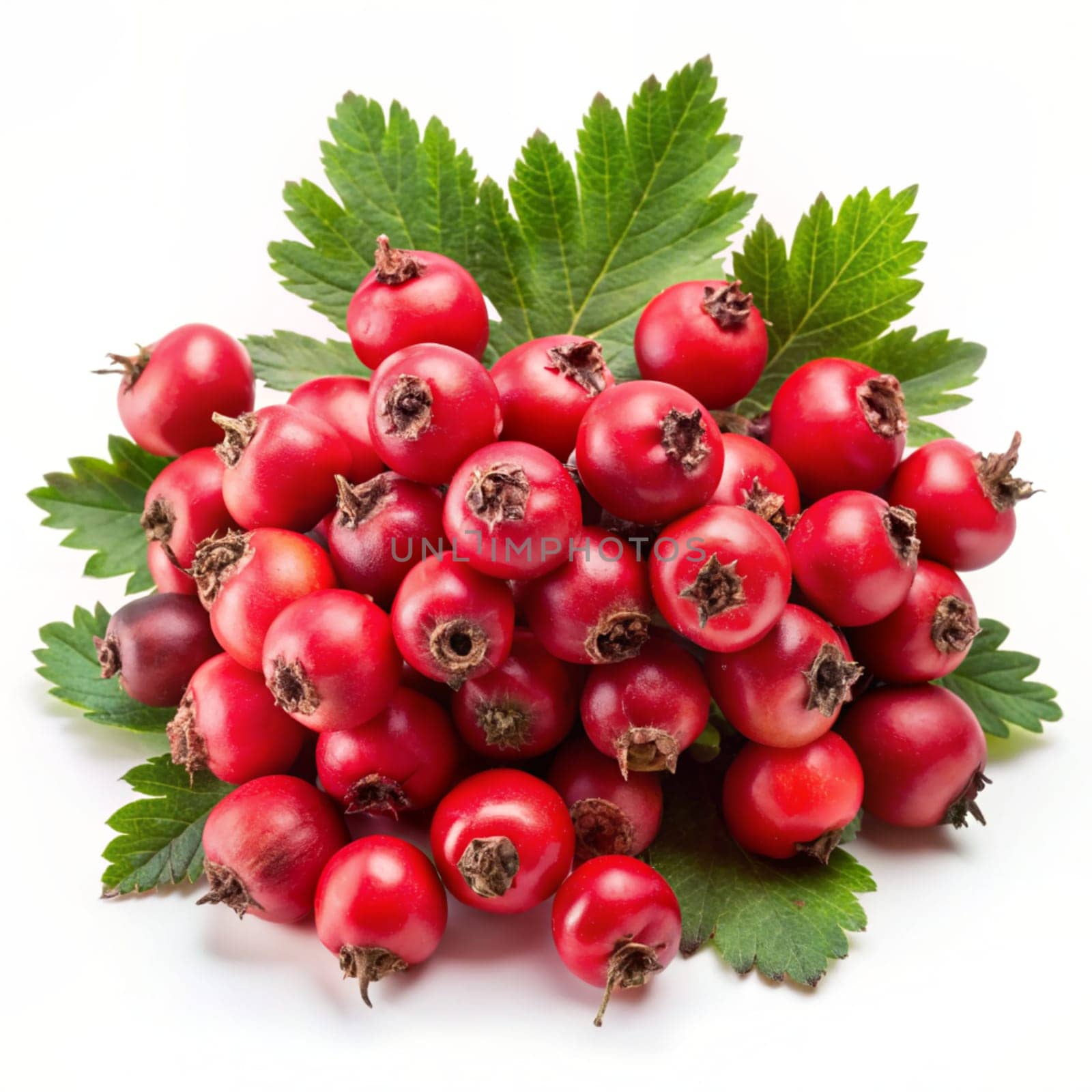 Cluster of ted rowanberry with green leaves isolated on white background. Ai generated image