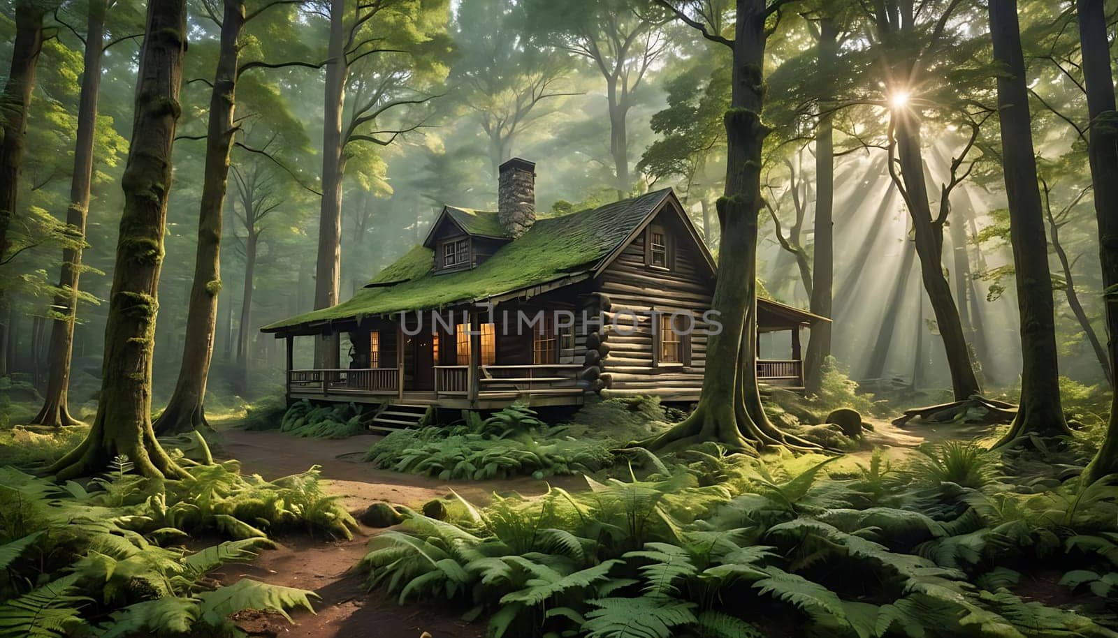 A cabin surrounded by tall trees in the forest stands with a green roof under the clear sky, blending seamlessly with the natural environment.